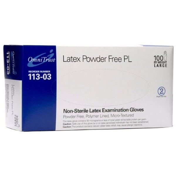OmniTrust Latex PL Exam Gloves - Large 100/bx. Powder-Free, Polymer coated, Micro-Textured