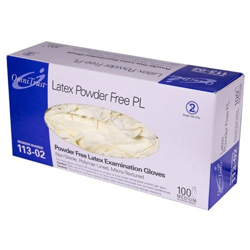 OmniTrust Latex PL Exam Gloves - Medium 100/bx. Powder-Free, Polymer coated, Micro-Textured
