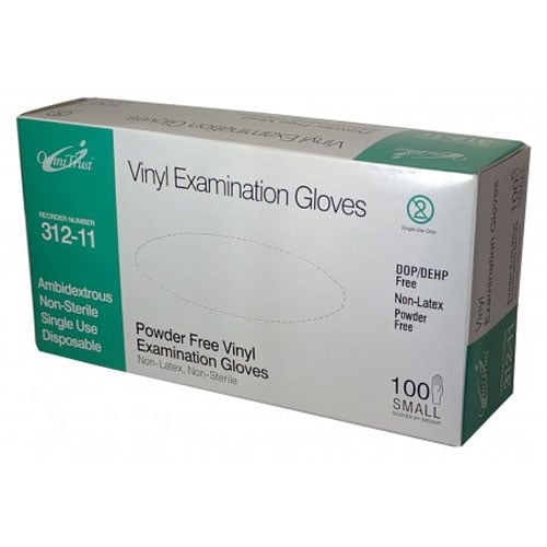 OmniTrust Vinyl Exam Gloves - Small 100/Box. Powder free, Latex free, Ambidextrous, Beaded Cuff