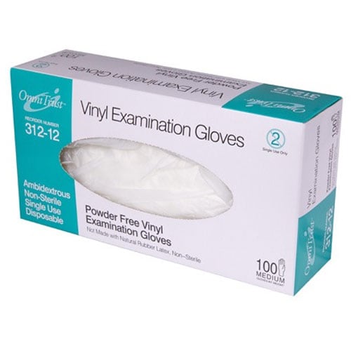 OmniTrust Vinyl Exam Gloves - Medium 100/Box. Powder free, Latex free, Ambidextrous, Beaded Cuff