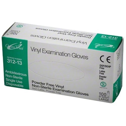 OmniTrust Vinyl Exam Gloves - Large 100/Box. Powder free, Latex free, Ambidextrous, Beaded Cuff