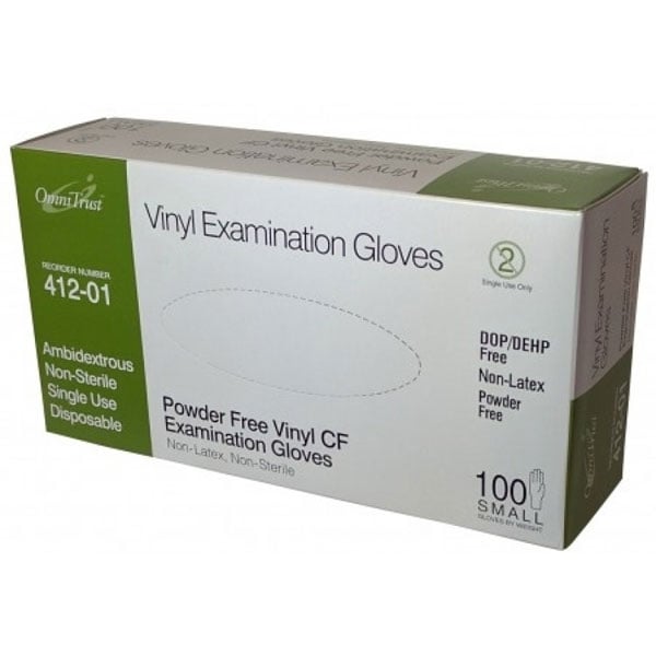 OmniTrust Vinyl Exam Gloves - Small 100/Box. Powder free, Latex free, Ambidextrous, Beaded cuff
