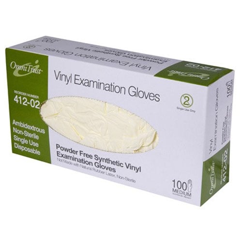 OmniTrust Vinyl Exam Gloves - Medium 100/Box. Powder free, Latex free, Ambidextrous, Beaded cuff