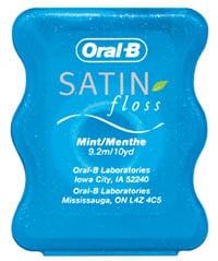 Oral-B Satin Floss mint flavor, 10 yd trial size, 144/cs. Has exceptional shred resistance