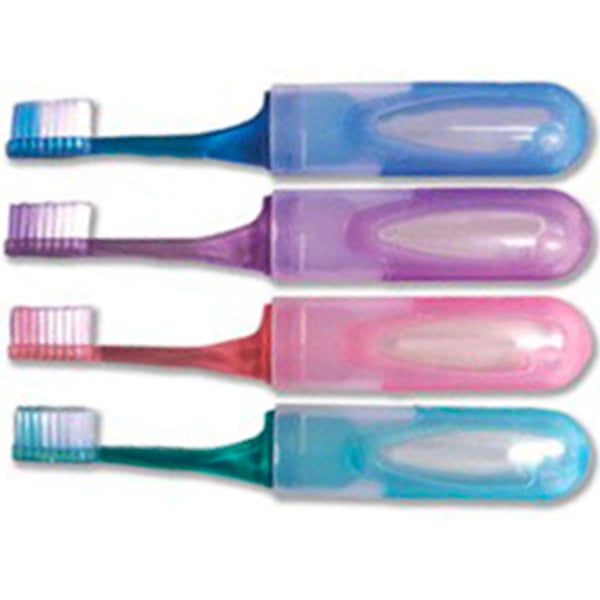 Travel, V-Trim Premium toothbrush. 34 tufts of 2 color bristles. Soft V-trim bristles to avoid