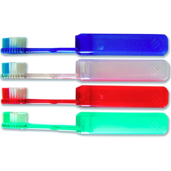 Travel, V-Trim toothbrush with 34 tufts, 144/cs. Translucent plastic handle with a matching