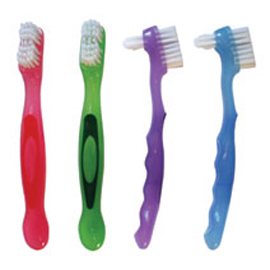 Oraline Denture brush, 120 brushes/case. Angled handle with finger grips, Dual headed, Assorted