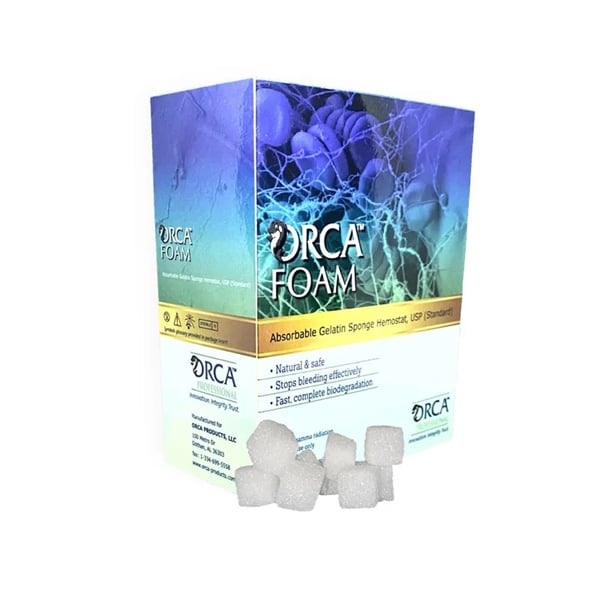 ORCA Hemostatic Gelatin Sponge Foam, 1cm x 1cm x 1cm, 50/Box. Absorbs up to 35 times its weight