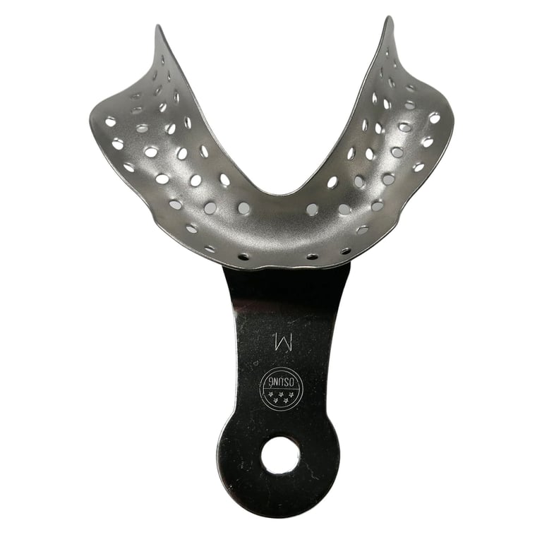 Osung Edentulous Impression Tray, Stainless Steel, Perforated, Medium LOWER. The tray is made