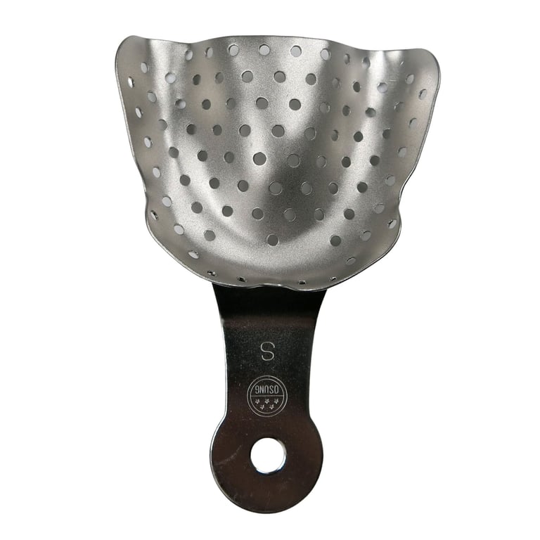 Osung Edentulous Impression Tray, Stainless Steel, Perforated, Small UPPER. The tray is made