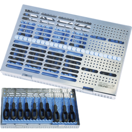 Osung Elevator & Luxator instrument cassette. Size: 305 x 210 x 34H mm, with spaces for 10 linear