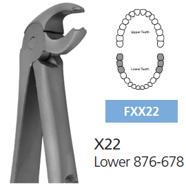 Osung X22 Extraction Forcep Lower 876-678 for adults. Smaller pattern than Hu-Friedy