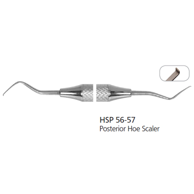 Osung HSP 56-57 Hoe Dental Scaler with a stainless steel handle. For the mesial and distal