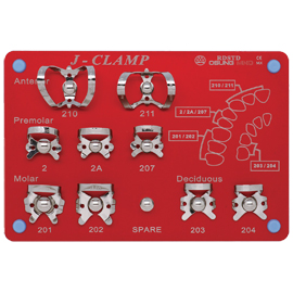 Osung Rubber dam clamp kit of 9 stainless steel clamps and a sterilization stand. Sizes include