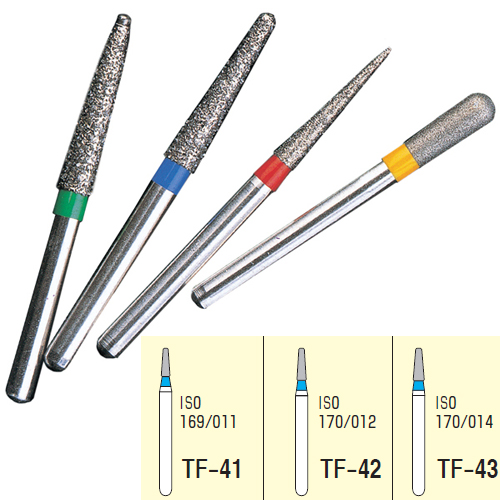 Osung FG TF-42 Taper Flat End shape multi-use diamond burs, Fine grit, pack of 5 burs. Superior