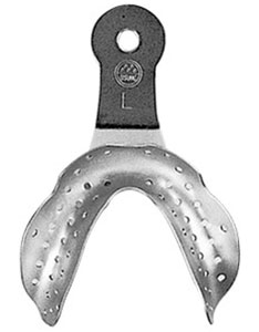 Osung Edentulous Impression Tray, Stainless Steel, Perforated, XL LOWER. The tray is made of 100%