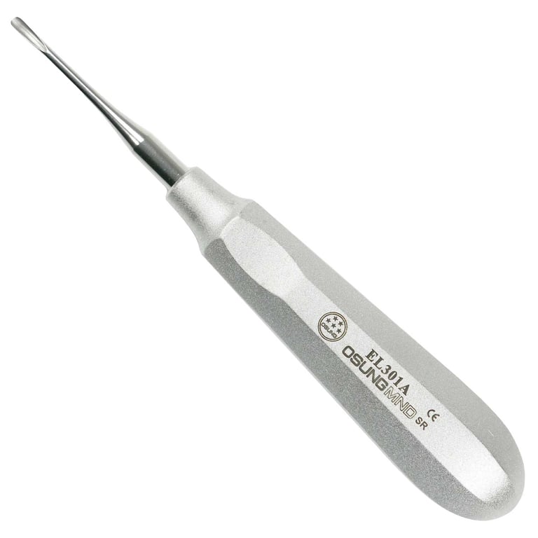 Osung Dental Elevator, E 301A, 2.7mm tip width, curved backwards, for deeply seated roots. Our