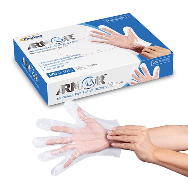 Armor Disposable Protective Gloves Plus 200/Box. Transparent, latex free, one size fits all