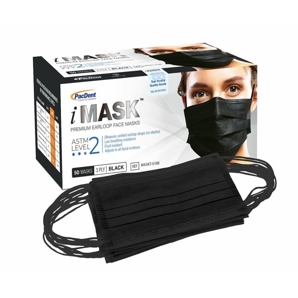 iMask Premium Ear-Loop Masks ASTM Level 2, Black 50/Box. Made from 3-ply Non-Woven fabric