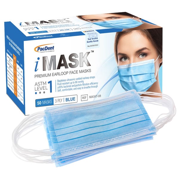 iMask ASTM Level 1 Ear-Loop Masks, Blue, 50/Box. Made from Non-Woven fabric with adjustable