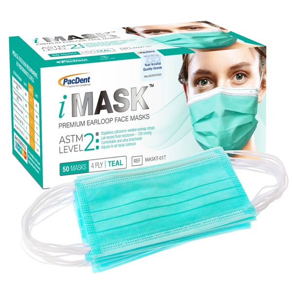 iMask ASTM Level 2 Ear-Loop Masks, Teal, 50/Box. Made from Non-Woven fabric with adjustable