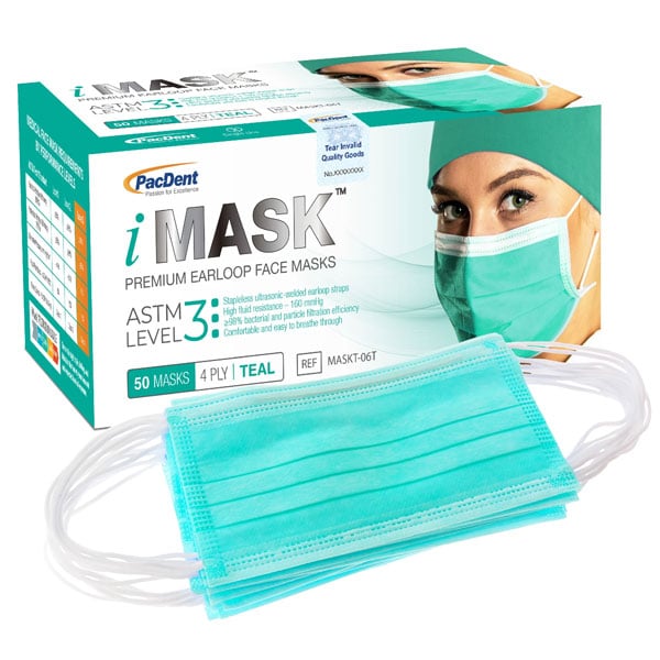 iMask ASTM Level 3 Ear-Loop Masks, Teal, 50/Box. Made from Non-Woven fabric with adjustable