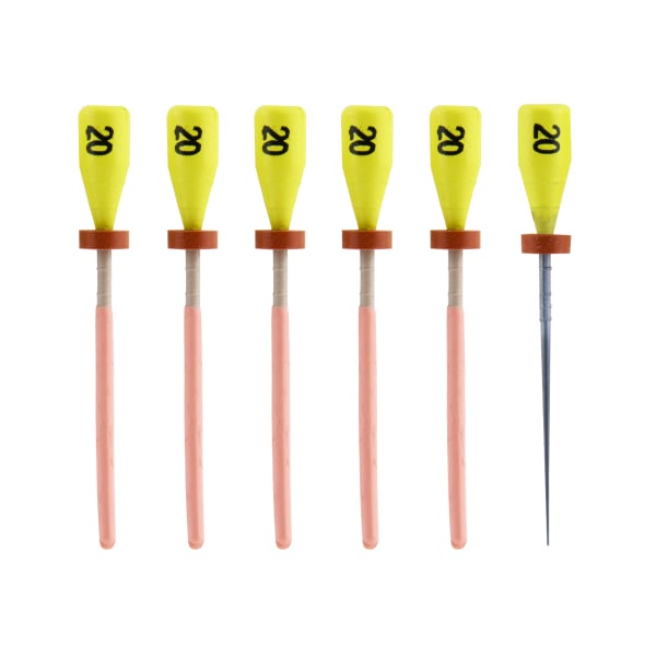 One File G Gutta Percha Carrier Obturators, 5 x #20 (Yellow) Obturators + 1 Verifier. Alpha-phase