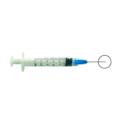 Pac-Dent Irrigation luer-lock 3 cc Syringes with 23 gauge 1" bendable Blue Tips, box of 100