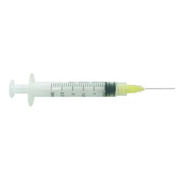 Pac-Dent Irrigation luer-lock 3 cc Syringes with 27 gauge 1" bendable Yellow Tips, box of 100