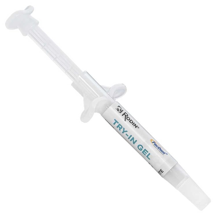 Rodin Try-In Gel Syringe, Clear, 3gm, 1/Pk. Water-soluble gel simulates the final shade of cement