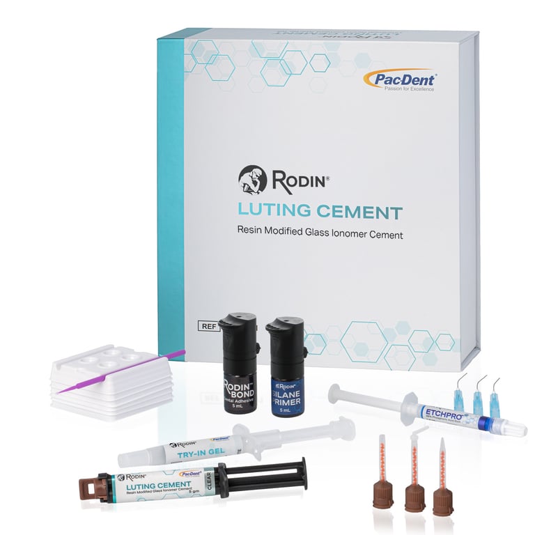 Rodin Luting Cement Syringe Starter Kit. Includes: 2 x 5g Clear, 1 x 5g White, 1 x 5g White