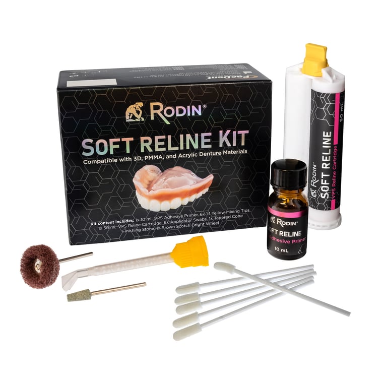 Rodin Soft Reline Kit. Includes: 1 x 50 mL Silicone Cartridge, 1 x 10 mL VPS Adhesive Primer, 6 x