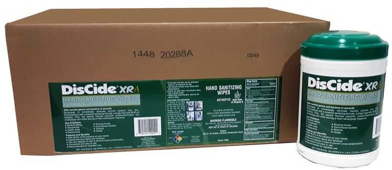 DisCide XRA Hand Sanitizing Wipes 6" x 8", Case of 12 Cans, 160/Can, Wintergreen. Kills 99.9%