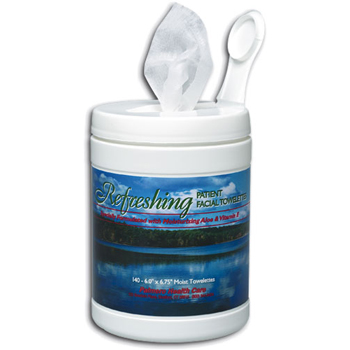 Palmero Refreshing Patient Facial Towelettes 6" x 6 3/4" 140/Can. Pre-saturated with a lightly