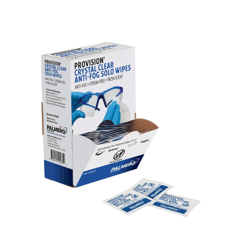 ProVision Crystal Clear Anti-Fog Eyewear Solo Wipes, 8"x 5", 100/Box. Streak Free, individually