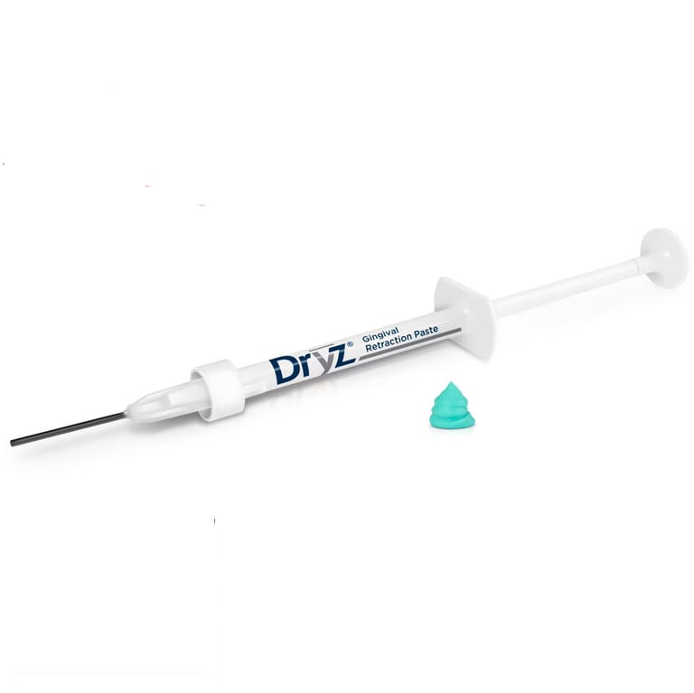 Dryz Blu Retraction Paste Syringe, 7/Pk. Includes: 7 0.5ml (0.85g) syringes and 15 applicator