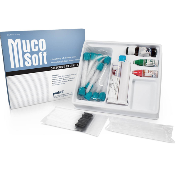 MucoSoft Soft Denture Reline kit, includes 50ml split-cartridge reline silicone, 15 ml Bonding