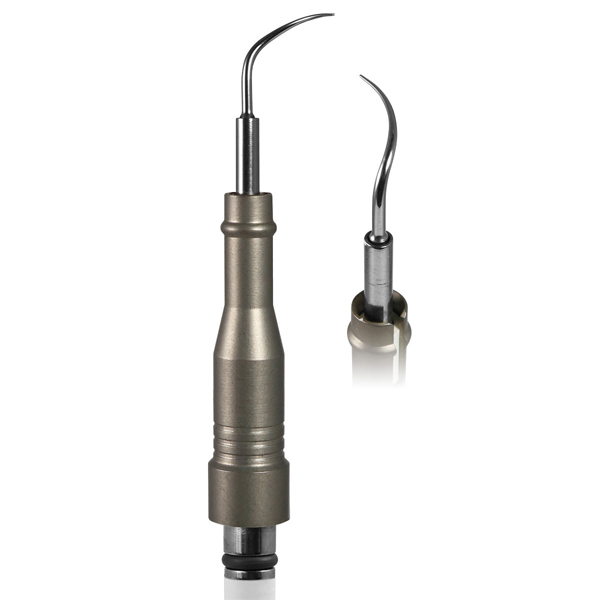 Parkell 30K LEFT curved perio ultrasonic insert with a metal grip, stainless steel construction