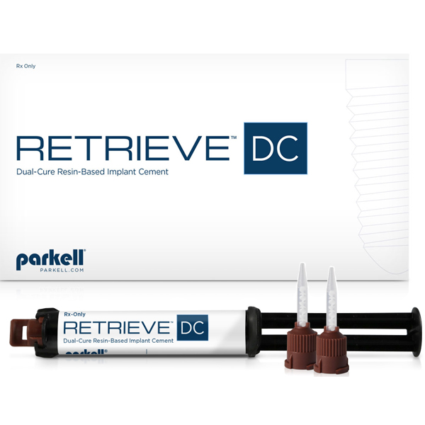 Retrieve DC Implant Cement Kit: 5 ml cartridge and 10 mixing tips (brown base). Resin-based, dual
