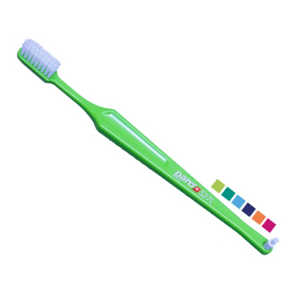 Paro S27L -Soft 27 Tuft Toothbrush w/Interdental Tip on Handle, Assorted Colors 4/Pk. Packaged