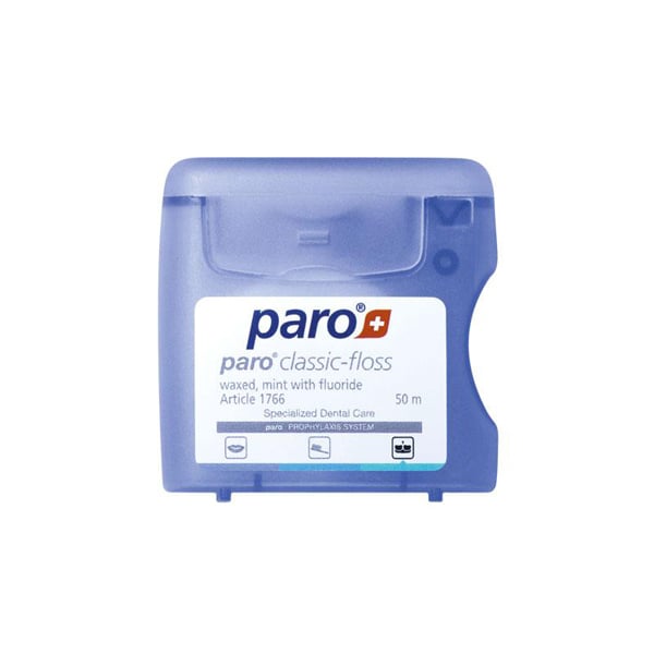 Paro classic-floss Dental Floss, Waxed, Mint Flavored with Fluoride, 50m Dispenser. It slides