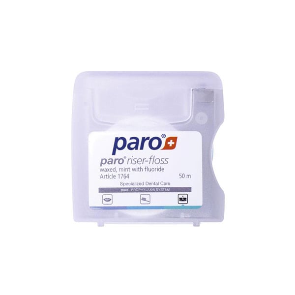 Paro riser-floss Medicinal Dental Floss, Waxed, Mint with Fluoride, 50m Dispenser. It is thin
