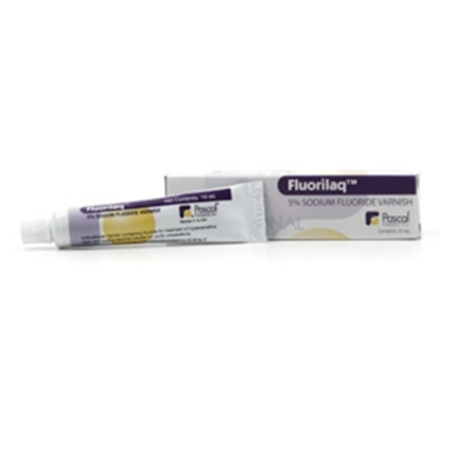 Fluorilaq 5% Sodium Fluoride Varnish, bubble gum flavor. Single 10 mL tube of varnish