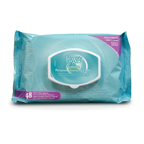 Hygea Flushable Personal Cleansing Cloths, 48 Wipes/Pk, 5.3" x 6.8", With moisturizing Aloe