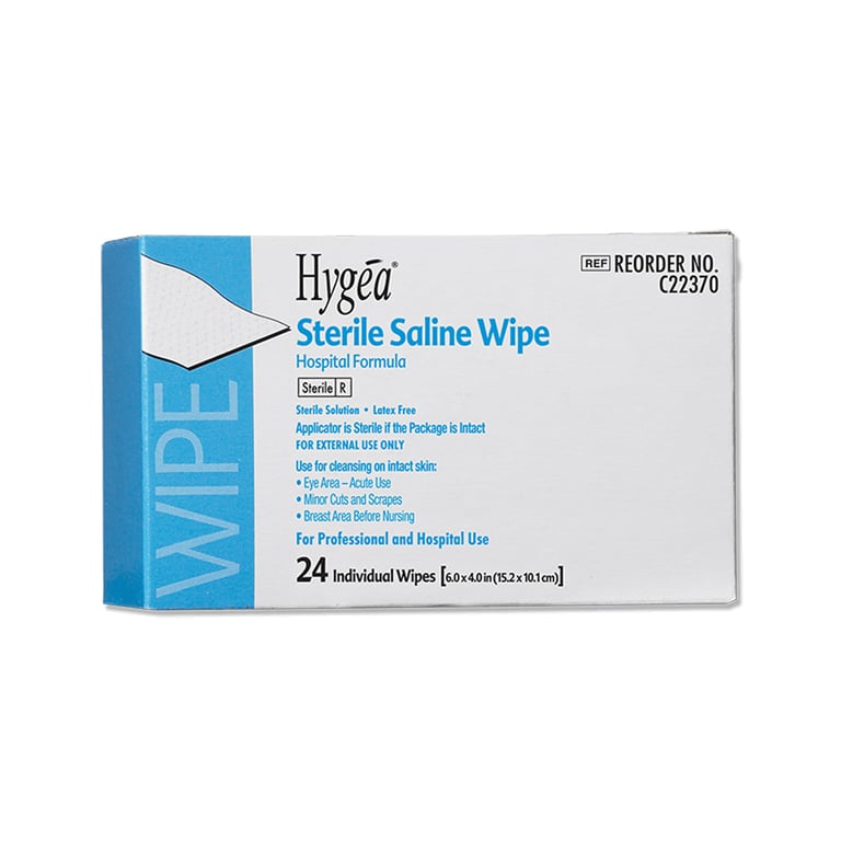 Hygea Multipurpose Wipe, Sterile Saline Skin 3mL, 6" x 4", 24/Box. Individually wrapped. Gentle