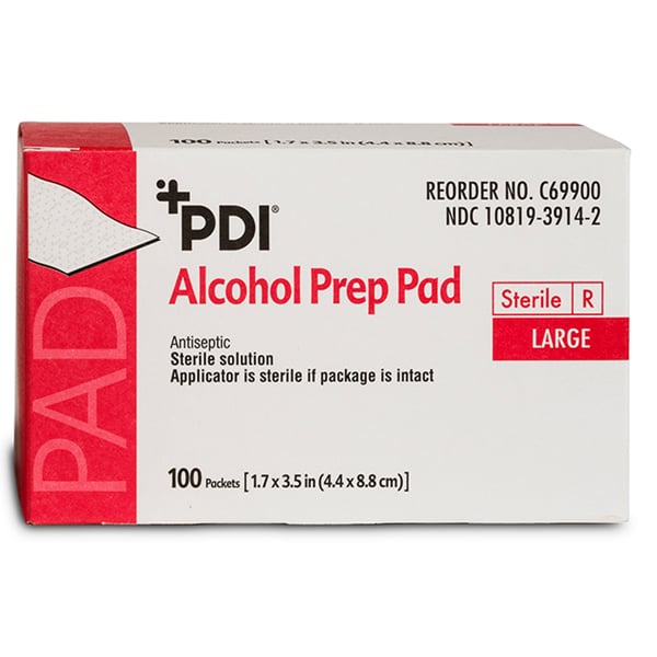 PDI Alcohol Prep Pad, Sterile, Large, 1.7" x 3.5" (pad size), 100/Box. Contains 70% (v/v)