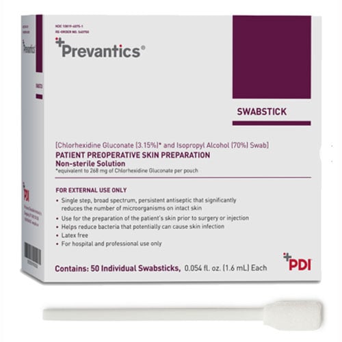 Prevantics Swabstick, 1.75" x 6.5", 50/Box. 3.15% (w/v) Chlorhexidine gluconate (CHG) and 70%