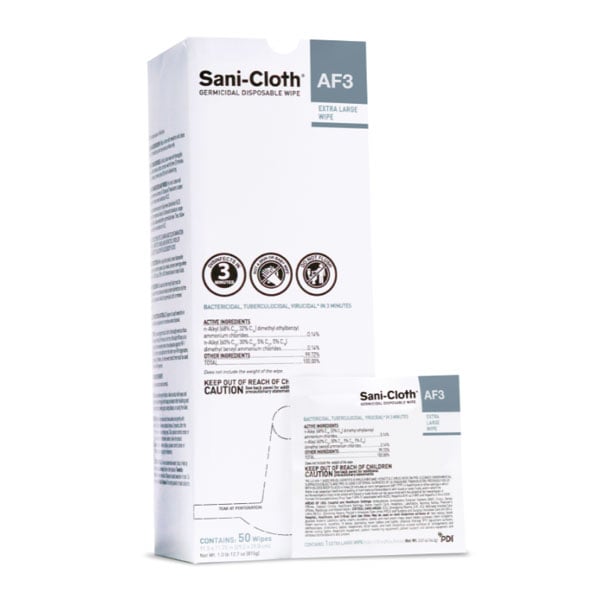 Sani-Cloth AF3 Germicidal Wipe, X-Large, 11.5" x 11.75" Individual Packets, 50/Box. Disinfects