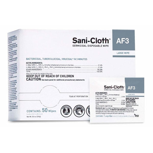 Sani-Cloth AF3 5" x 8" Individually Wrapped Wipes, 50/Pk. Pre-moistened Germicidal Disposable