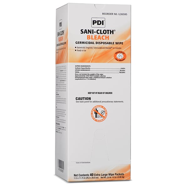 Sani-Cloth Bleach 11.5" x 11.75" Individually Wrapped Wipes, 40/Pk. XLarge. Convenient for staff